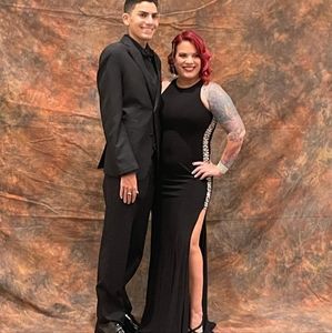 XSCAPE SEXY DOUBLE SLIT BLACK LONG FORMAL PROM DRESS WITH RHINESTONES DE…